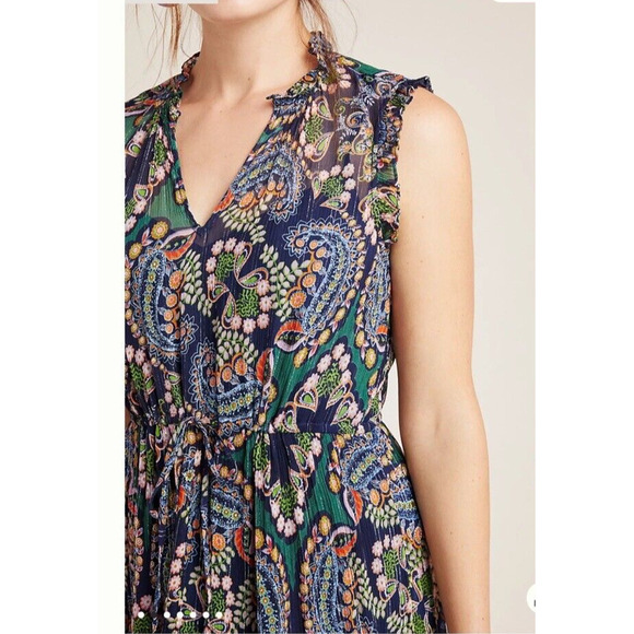 Anthropologie Size 0 Dress Elmira Ruffled MIDI Drawstring Waist Paisley Navy - Picture 2 of 13